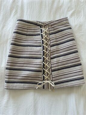 Striped linen Skirt in Cream, nave blue and brown